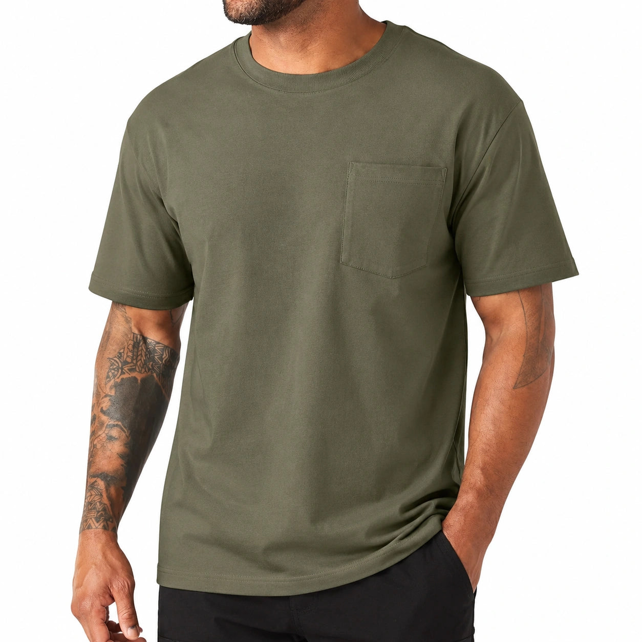 T-shirt da uomo L in tessuto verde oliva con tasca - girocollo casual
