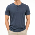 T-shirt uomo L in tessuto blu navy con collo serafino a maniche corte