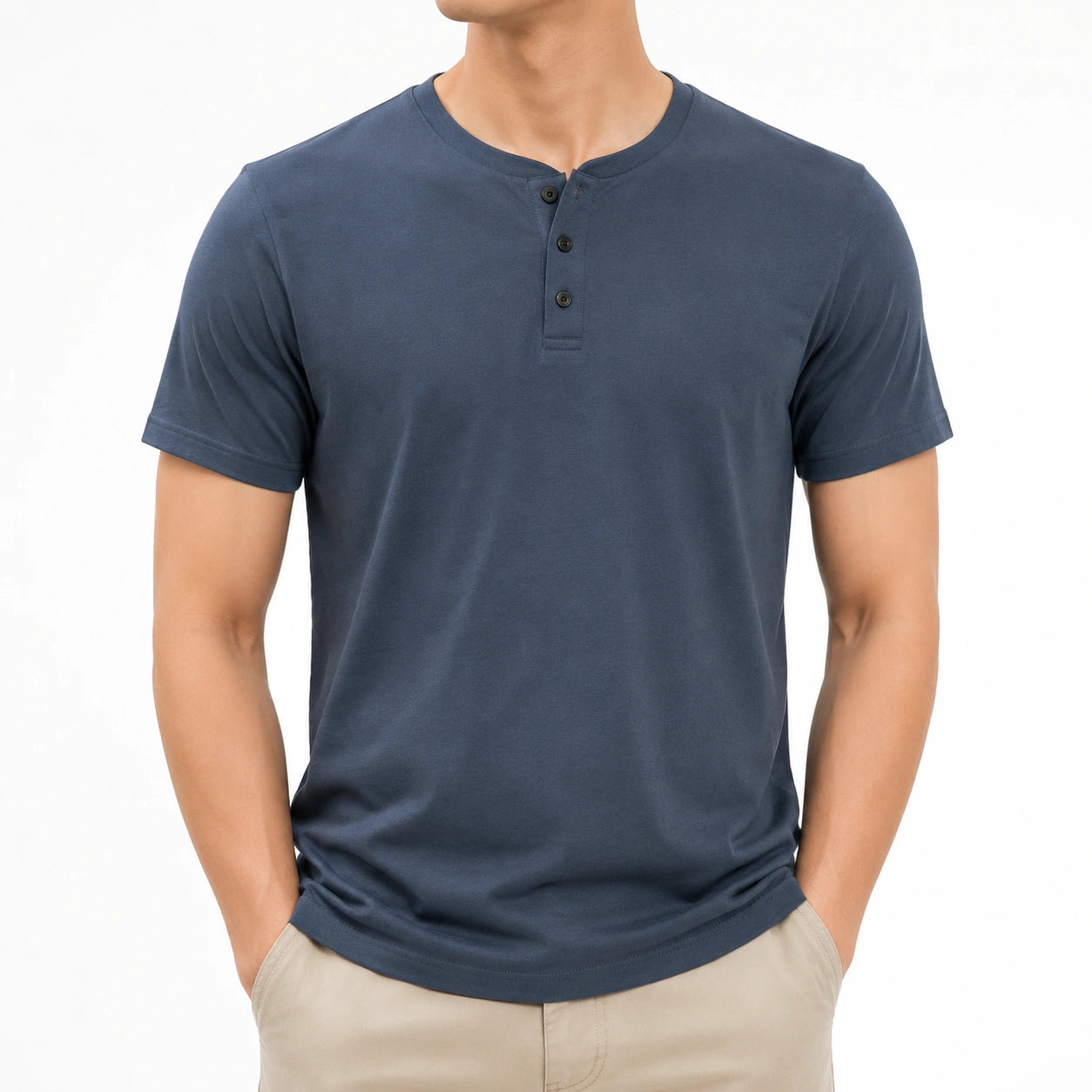 T-shirt uomo L in tessuto blu navy con collo serafino a maniche corte