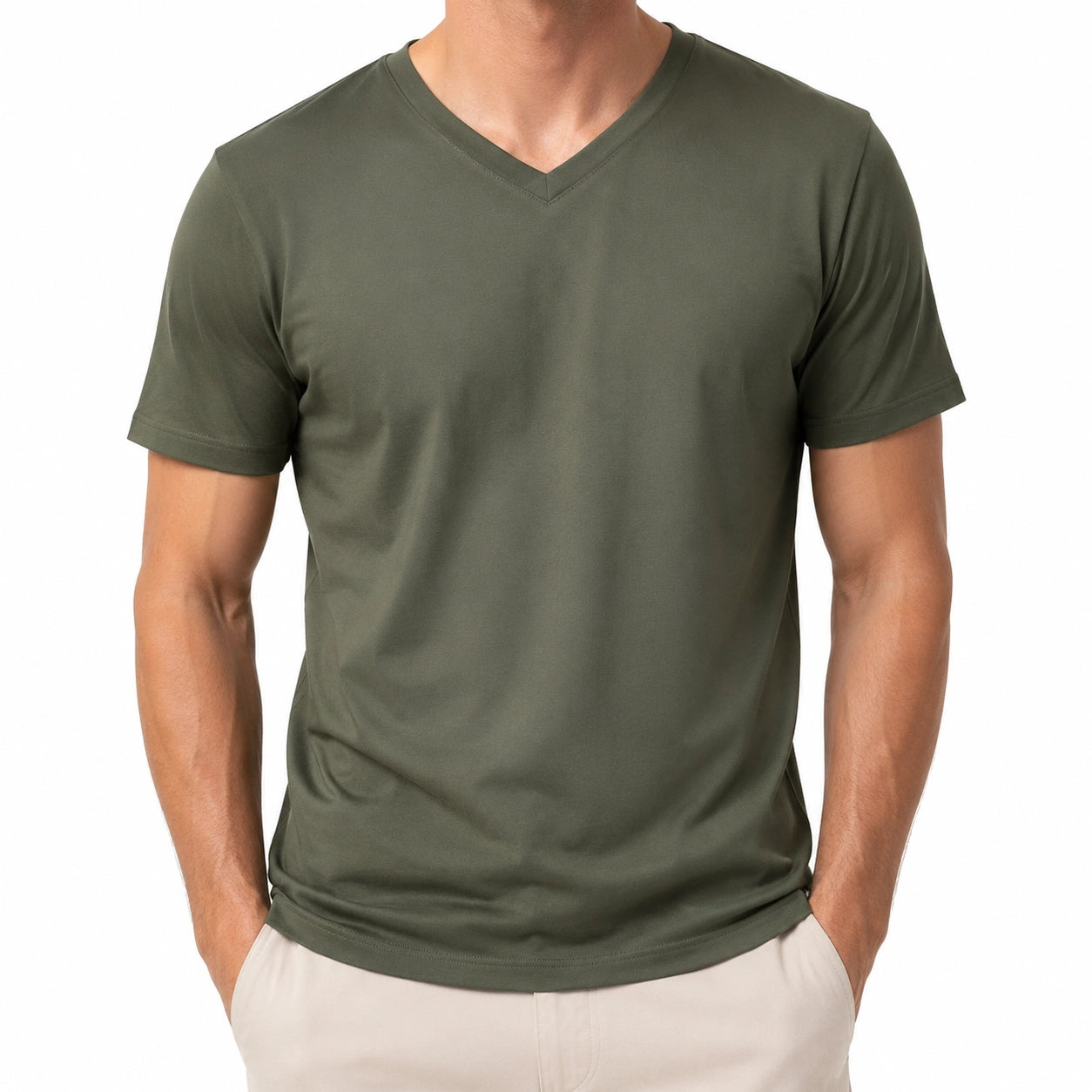 T-shirt da uomo M verde oliva in tessuto tecnico - scollo a V casual