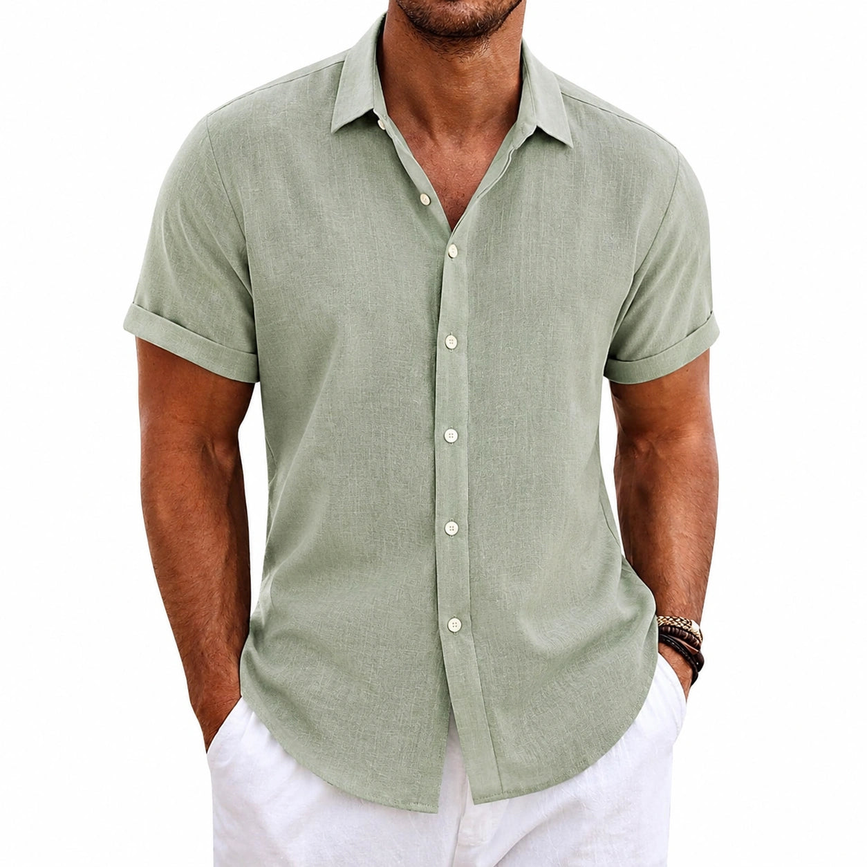 Camicia uomo M in tessuto leggero verde salvia a manica corta casual