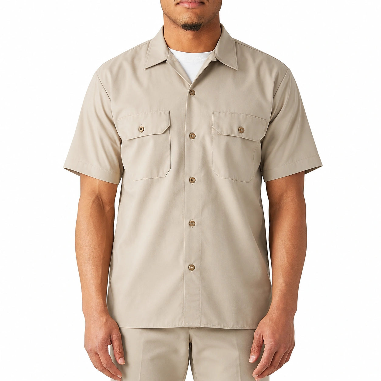 Camicia uomo M in misto cotone beige a maniche corte con tasche stile utility