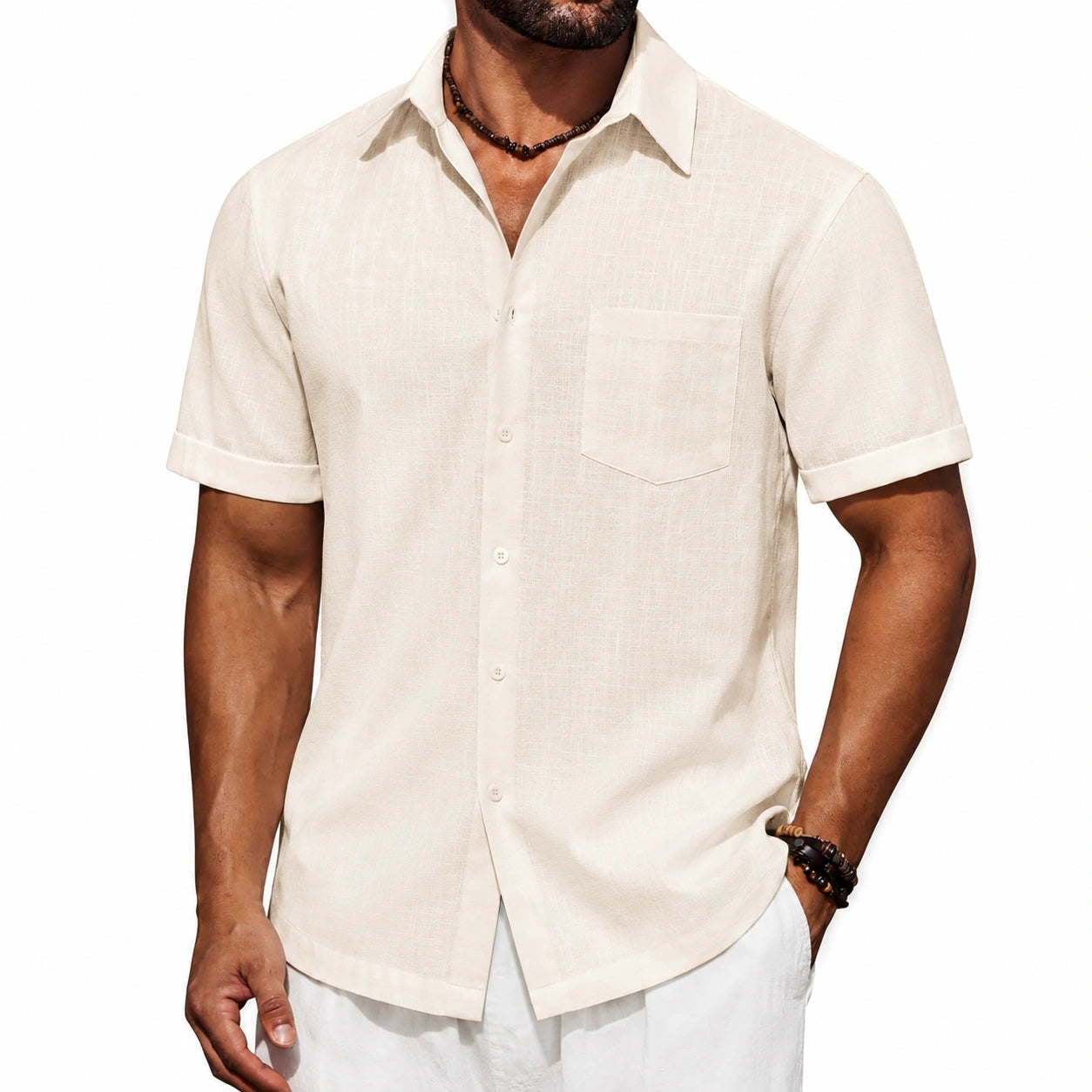 Camicia da uomo taglia L in tessuto effetto lino beige a maniche corte con taschino