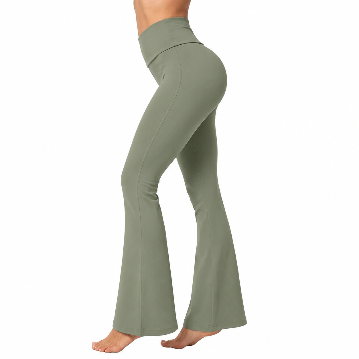 Leggings donna M in tessuto elasticizzato verde salvia a vita alta con fondo svasato