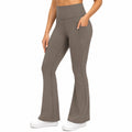 Pantaloni leggings da donna taglia L in tessuto elasticizzato grigio talpa a vita alta con tasche e gamba svasata