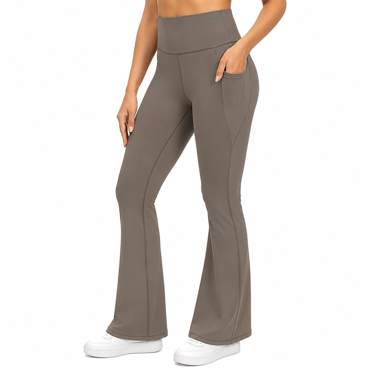 Pantaloni leggings da donna taglia L in tessuto elasticizzato grigio talpa a vita alta con tasche e gamba svasata