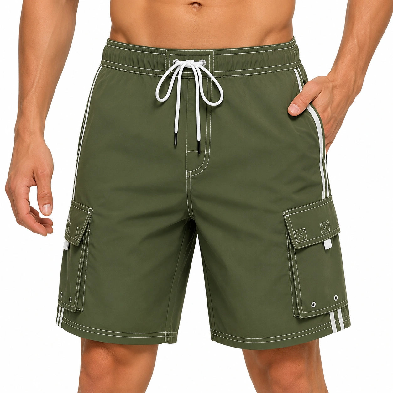 Costume da bagno cargo uomo L in tessuto verde oliva con tasche e coulisse