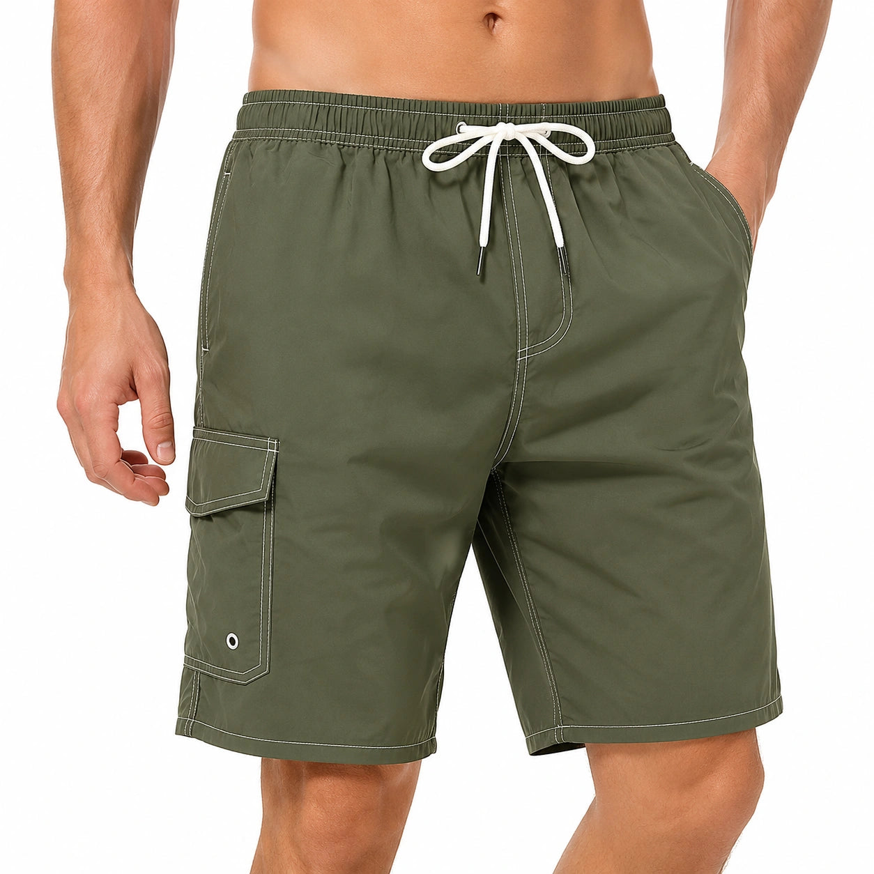 Costume da bagno uomo M verde oliva in tessuto sintetico con tasca cargo