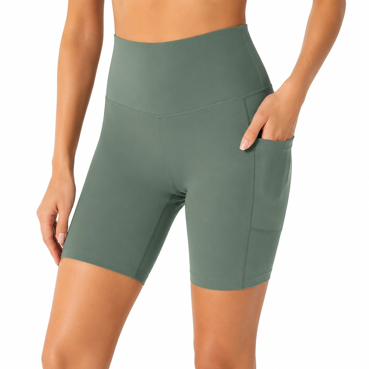 Pantaloncini ciclista donna taglia M in tessuto elasticizzato verde salvia a vita alta con tasca laterale