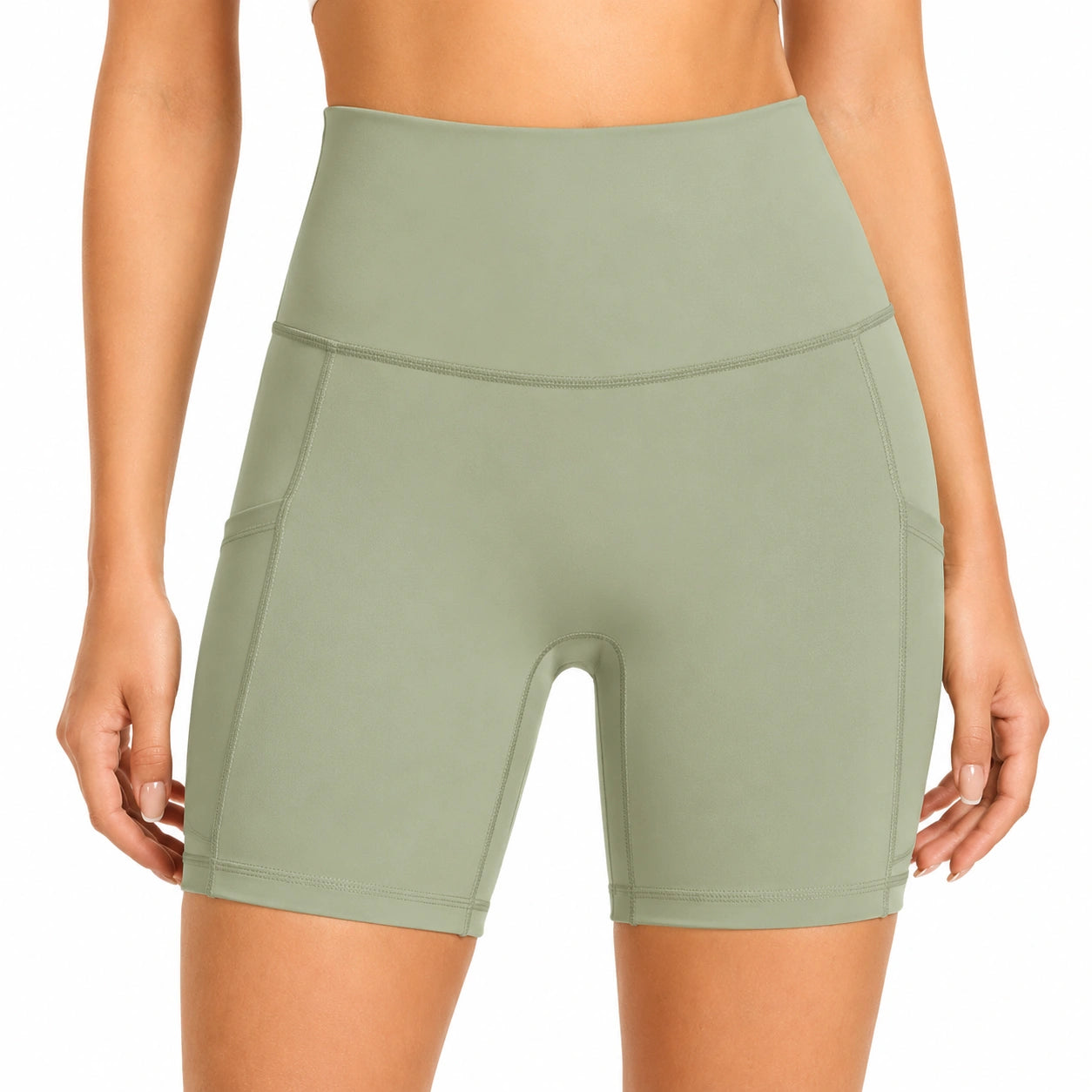 Shorts ciclista donna taglia S in tessuto elasticizzato verde salvia a vita alta per allenamento
