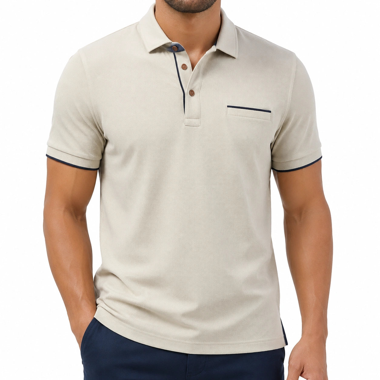 Polo uomo taglia M in tessuto piqué beige con profili blu stile casual