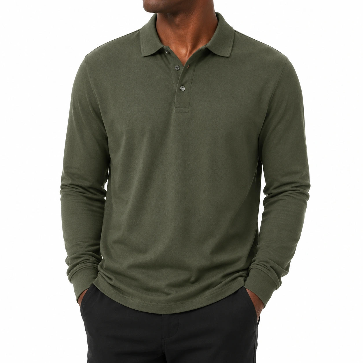 Polo uomo taglia L verde oliva in tessuto a maglia a maniche lunghe