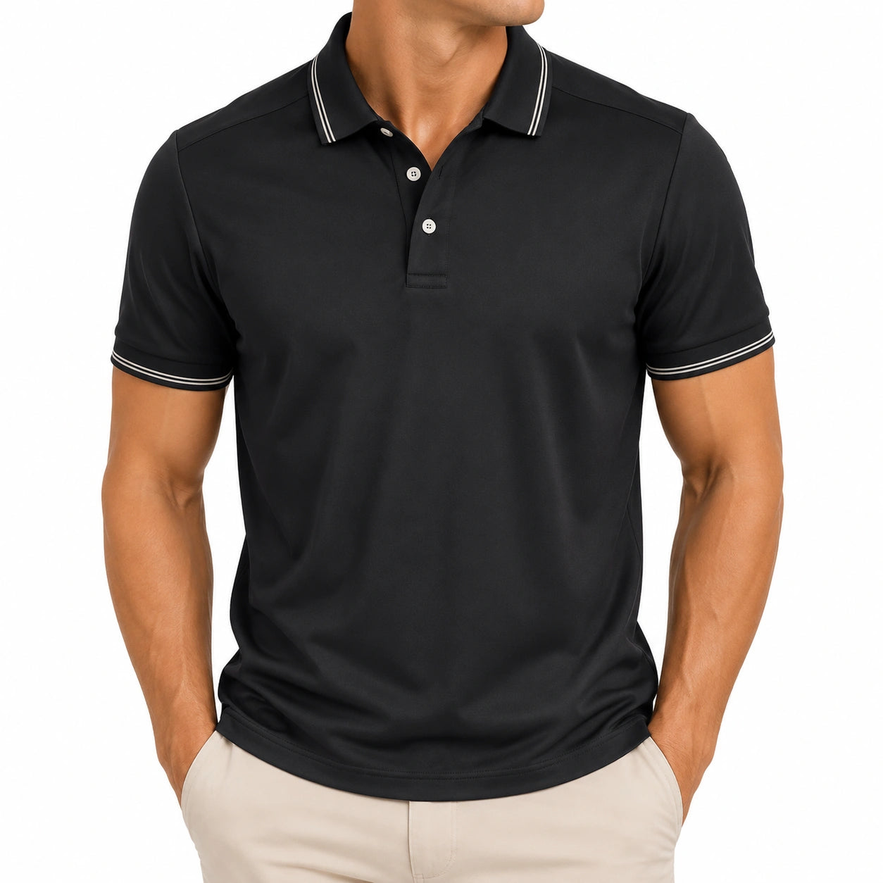 Polo uomo taglia M in tessuto nero con profili a contrasto stile casual