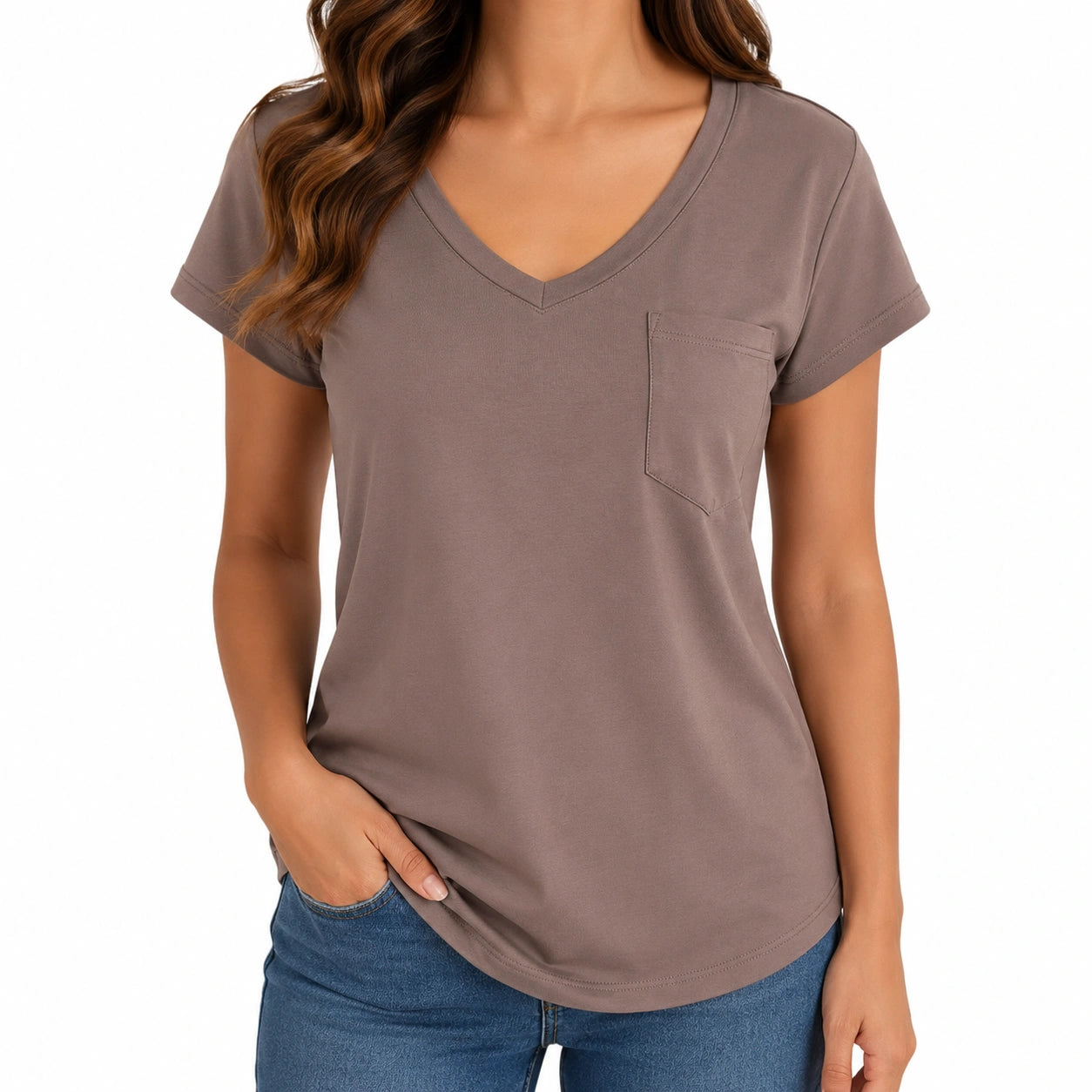 T-shirt donna S in tessuto marrone talpa con scollo a V e taschino casual